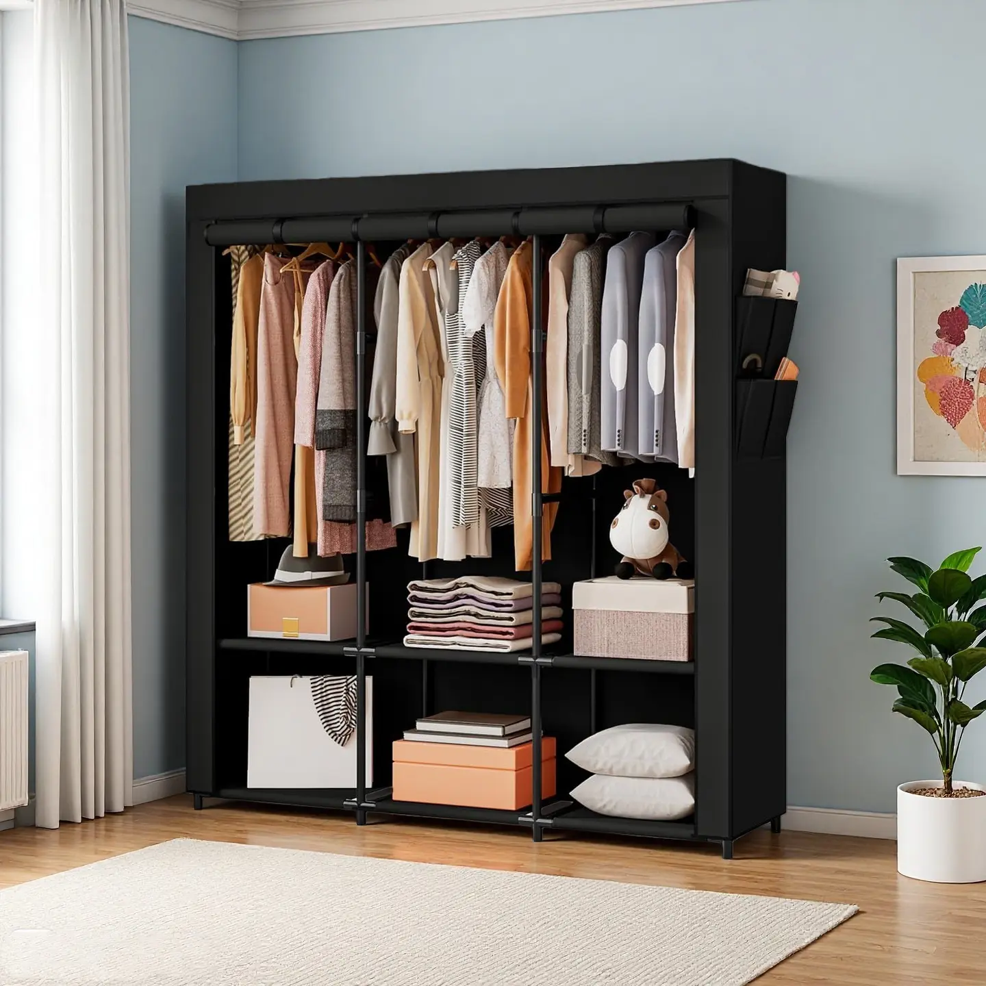 Portable Clothes Metal Hanging Rack Large 51/59 Inch Wardrobe Storage Organizer Non-Woven Fabric Sturdy Durable Space Saving Assembly Required Dustproof Cover