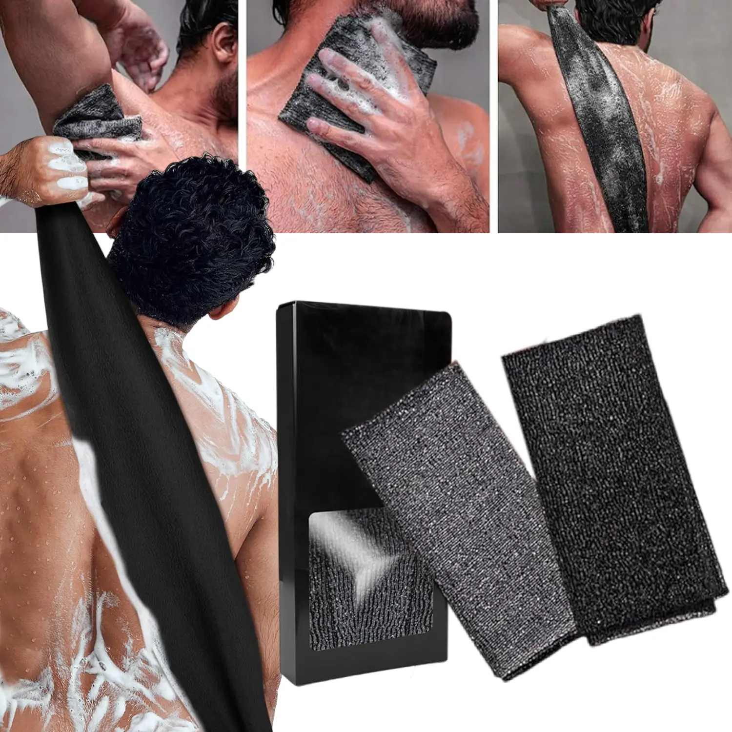 2Pcs Extra Rough Exfoliating Washcloth, 35x12 Inch Long Nylon Shower Body Scrubber, Heavy Duty Textured Back Scrub Cloth, Quick Drying Durable Bath Exfoliation Towel for Men Women, Black & Grey