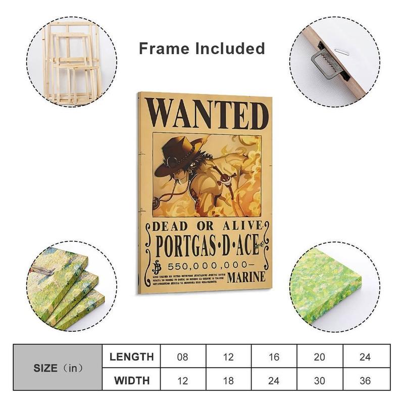 "Fire Fist Ace" popular Japanese anime One Piece wanted poster canvas art print, featuring high-quality dynamic artwork. This urban-style wall decor is perfect for bedrooms, studies, and studios, with the cartoon image printed on canvas.
