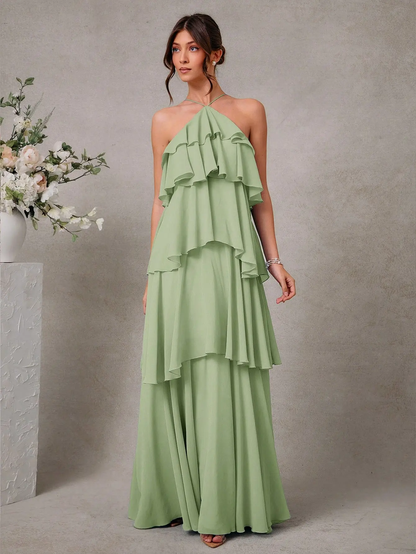 Women's Elegant Romantic Halter Maxi Dress | Sage Green Tiered Chiffon Wedding Guest Dress | Backless Women's Elegant Romantic Halter Maxi Dress | Sage Green Tiered Chiffon Wedding Guest Dress | Backless