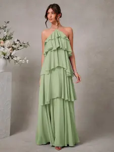 Women's Elegant Romantic Halter Maxi Dress | Sage Green Tiered Chiffon Wedding Guest Dress | Backless Summer Party Gown | Sleeveless Flowy Bridesmaid Dress | Formal Evening Event Outfit | Boho Chic Vacation Dress | Red Carpet Aesthetic Maxi