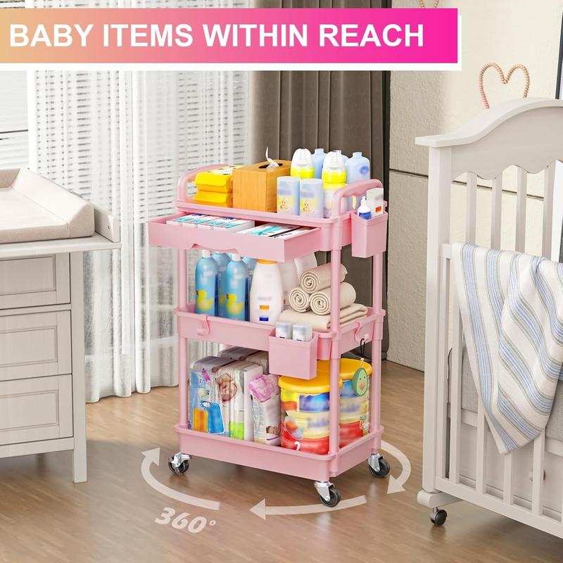 VANCASTLE 3/4 Tier Rolling Utility Cart Organizer with Removable Drawer - Sturdy Rolling Storage Cart with 2 Lockable Wheels for Bathroom, Kitchen, Snack, Craft, Makeup, and Baby Essentials White Racks bathroom organizer garage accessories