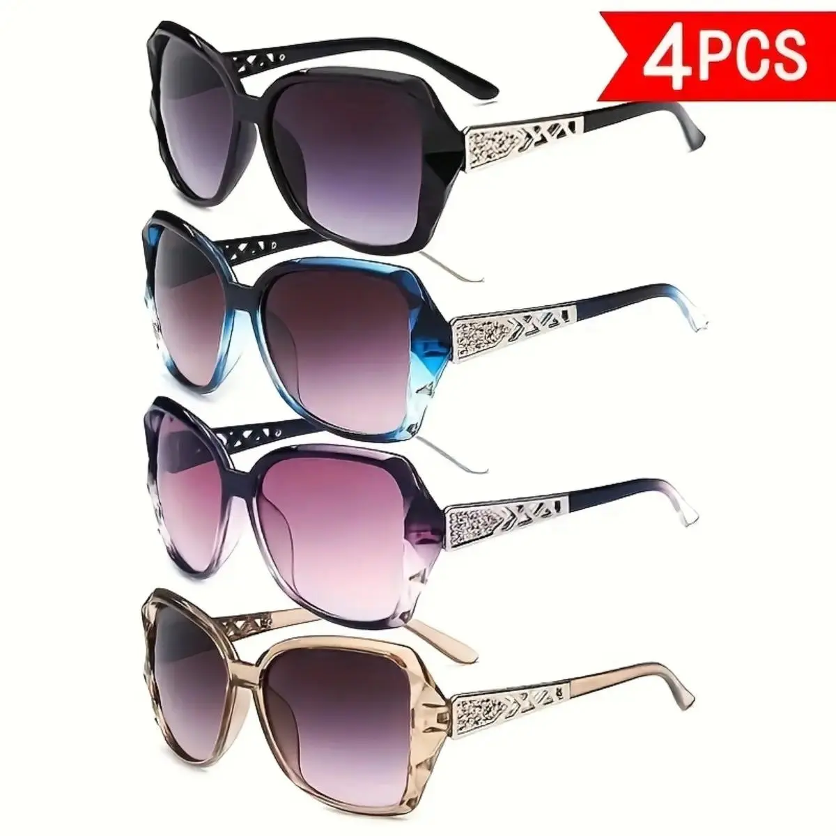 Women's 4-Piece Oversized Summer Sun Protection Sunglasses Set Y2K Classic Retro Elegant Hollow-Temple Design Large Frames Polarized Wrap Around Aviatorglasses Cool Toned Shades, Women's Sunglasses tiktokshopbacktoschool