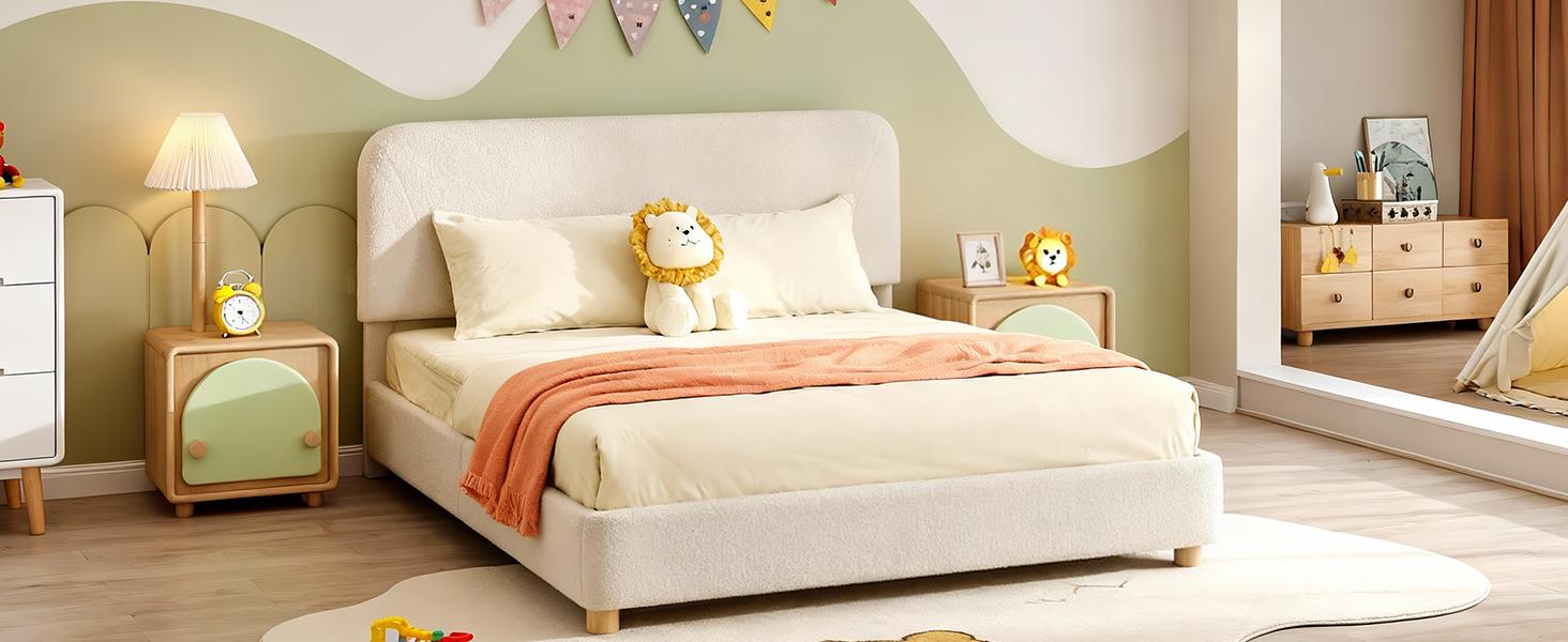 BERRY NEST Queen Size Boucle Bed Frame, Upholstered Cloud Bed Frame with Comfortable and Adjustable Headboard, Solid Wood Legs, Rounded Corners Design & Easy Assembly – Modern Cream Platform Bed, No Mattress, No Noise, Full