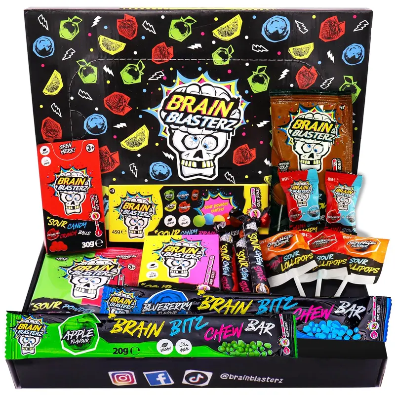 Brain Blasterz Christmas Candy Gift Box – Extreme Sour Candy Variety Pack - 14pc Holiday Collection with Lollipops, Taffy & Powder – Vegan & Halal – Fun Xmas Present, Stocking Stuffer, Birthday Treats
