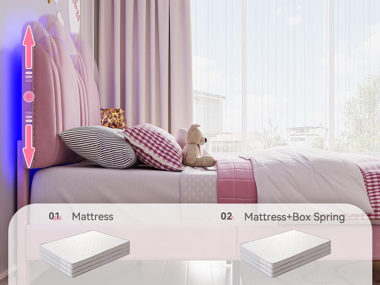 Raybee Furniture Pricess Bed Frame with Led Light, Elegant bed Frame with Headboard Adjustable, Upholstered Bed Frame, No Box Spring Needed