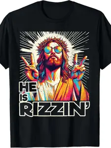Retro He Is Rizzin Funny Jesus Has Rizzen Easter Christian T-Shirt Same Style for Men and Women 2026 Summer Short-sleeved Printed T-shirt