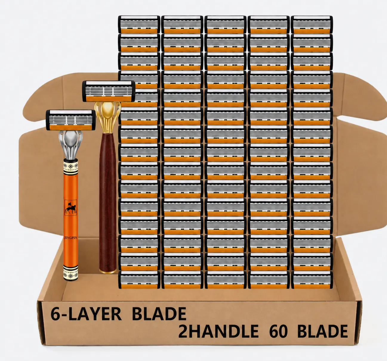 Men's 6-Blade Stainless-Steel Face Shaver Shaving Kit with 60 Replaceable Razorblade Cartridges, Lubricating Strip for Smooth Shaving (60 Items Total), Replaceable Blades, 6-Blade Precision Shaving