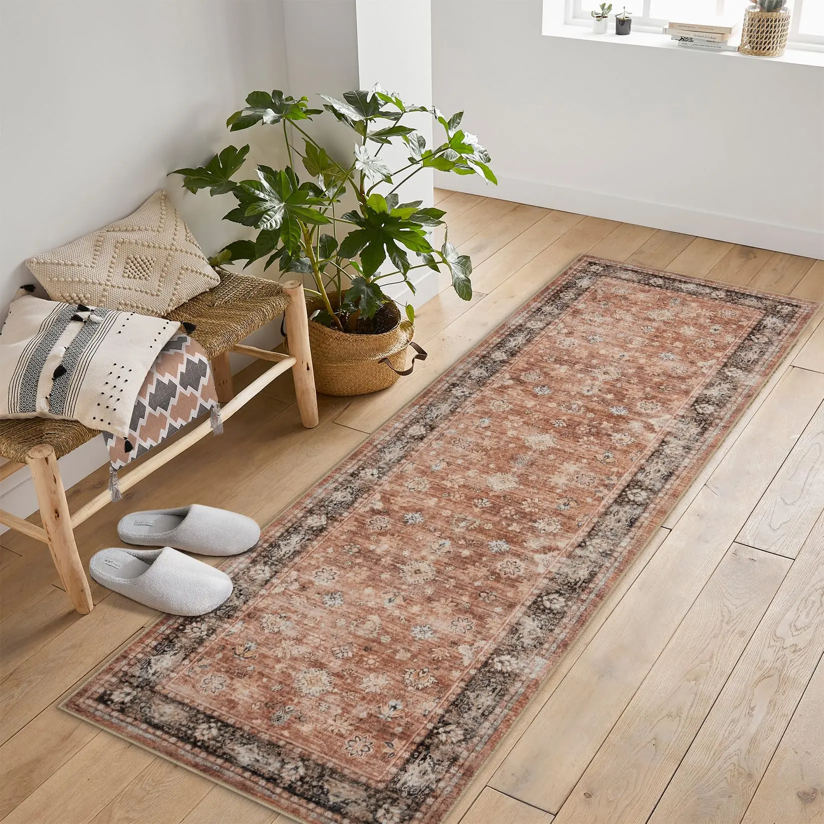 GARVEE Area Rug 2'x6' Indoor Vintage Living Room Carpet Washable Distressed Rug Brown Floral Bedroom Retro Accent Throw Rug Office Dining Room Nursery