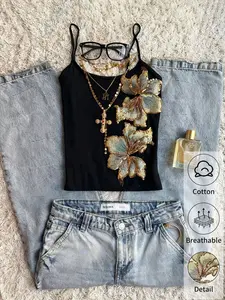 [ANDAREY] 2026 Y2K Women's Vintage Floral Embroidery Cami, Elegant Spaghetti Strap Sleeveless Tank Top, Cotton Blend Summer Party Going Out Top