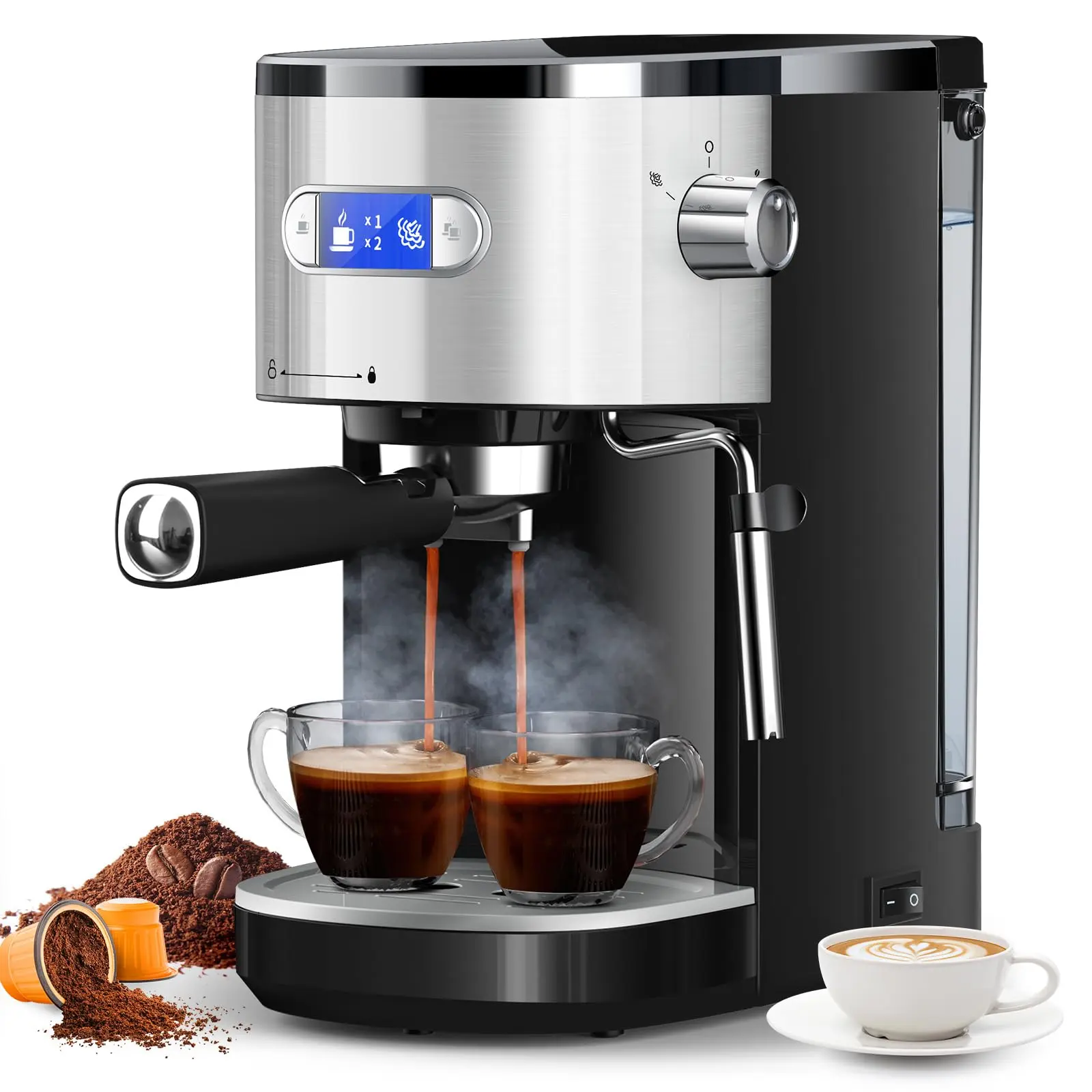 COWSAR Semi-Automatic Espresso Machine - 20Bar Pump Pressure, Nespresso Capsule Compatible, 45oz Removable Water Tank, Milk Frother Steam Wand, Modern Small Footprint Kitchen Appliance for Coffee (Cappuccino, Latte) at Home, 1350W, Kitchen Appliances