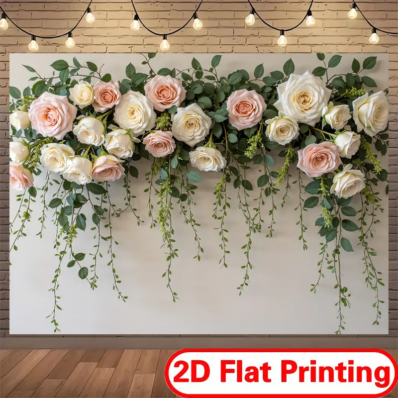 Polyester 2D Flat Printing Floral Roses & Greenery Decorative Banner, Romantic Floral Party Mood, Quick Hang Setup, Easy Display, Elegant Scene-Enhancing Kids Children Festive Birthday Party Backdrop Supplies