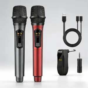 Aveek Wireless Microphone for Karaoke, Rechargeable Karaoke Microphone(Work 10hs), for Speaker, Karaoke Machine,Church, Speech, Wedding, Party Singing, Grey&Red, 2 Packs