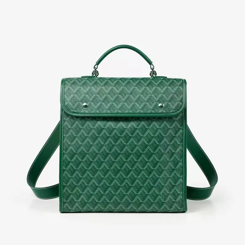 Women's Vintage Geometric Rhombus Pattern Green Leather Convertible Backpack, Portable Casual Travel Bag, Backpacks for School, Book Bags for School, Snaps