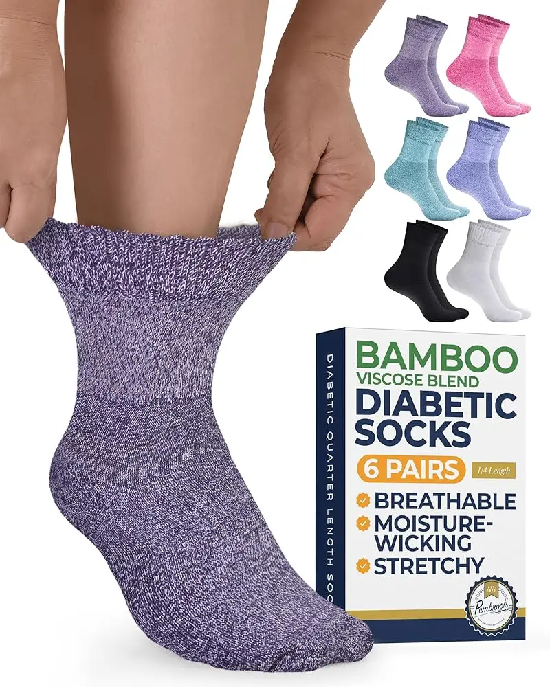 Pembrook Menswear Bamboo Viscose Ankle Socks - 6 Pairs, Diabetic Socks for Men with Small Feet/Wide Calf, Seamless Toe, Breathable, Moisture Wicking, Soft, Stretch Tops, Foot Pain Relief, Durable for Daily Wear