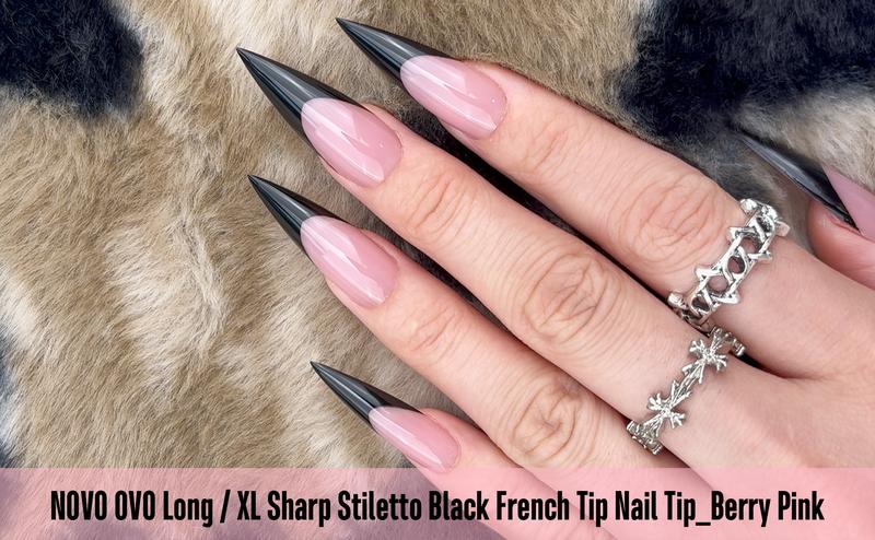 NOVO OVO White French Tip Long XL Sharp Stiletto Nail Tips Press on BERRY PINK,Soft Gel Double Matte Fake Nail Extension, Full Cover False Nails for Acrylic DIY x 16 Sizes 160 pcs【 NO GLUE TOP COAT AND LAMP INCLUDED】