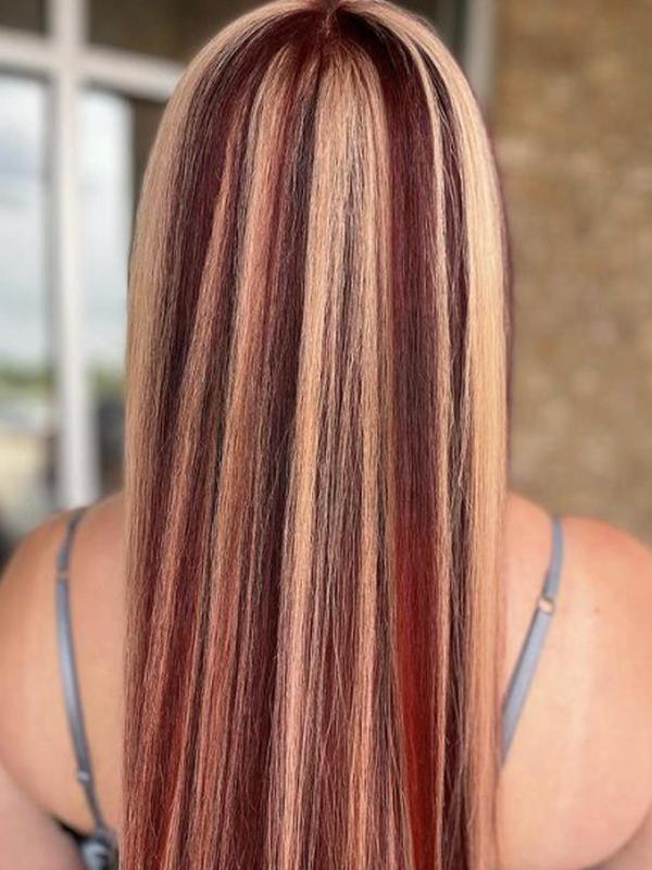 unique colorful highlight lace front syntheitc wig long red and blonde highlight glueless wig for women synthetic highlight lace front wig heat resistant fiber hair Glueless Half Wig