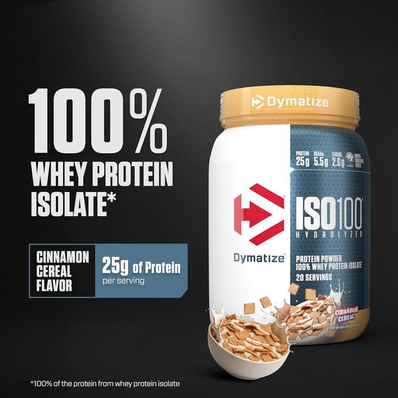 Dymatize ISO100 Whey Protein Powder Isolate, Cinnamon Cereal, 25g of Protein, 5.5g BCAAs, Less Than 120 Cal., Gluten Free, 1g Fat, 1g Sugar, 2g Carb (20 Servings)