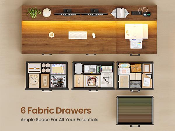 SEDETA 55 Inch Farmhouse Computer Desk with 4 Drawers Power Outlet Gaming Desk with Led Lights Storage Shelves Printer Cabinet