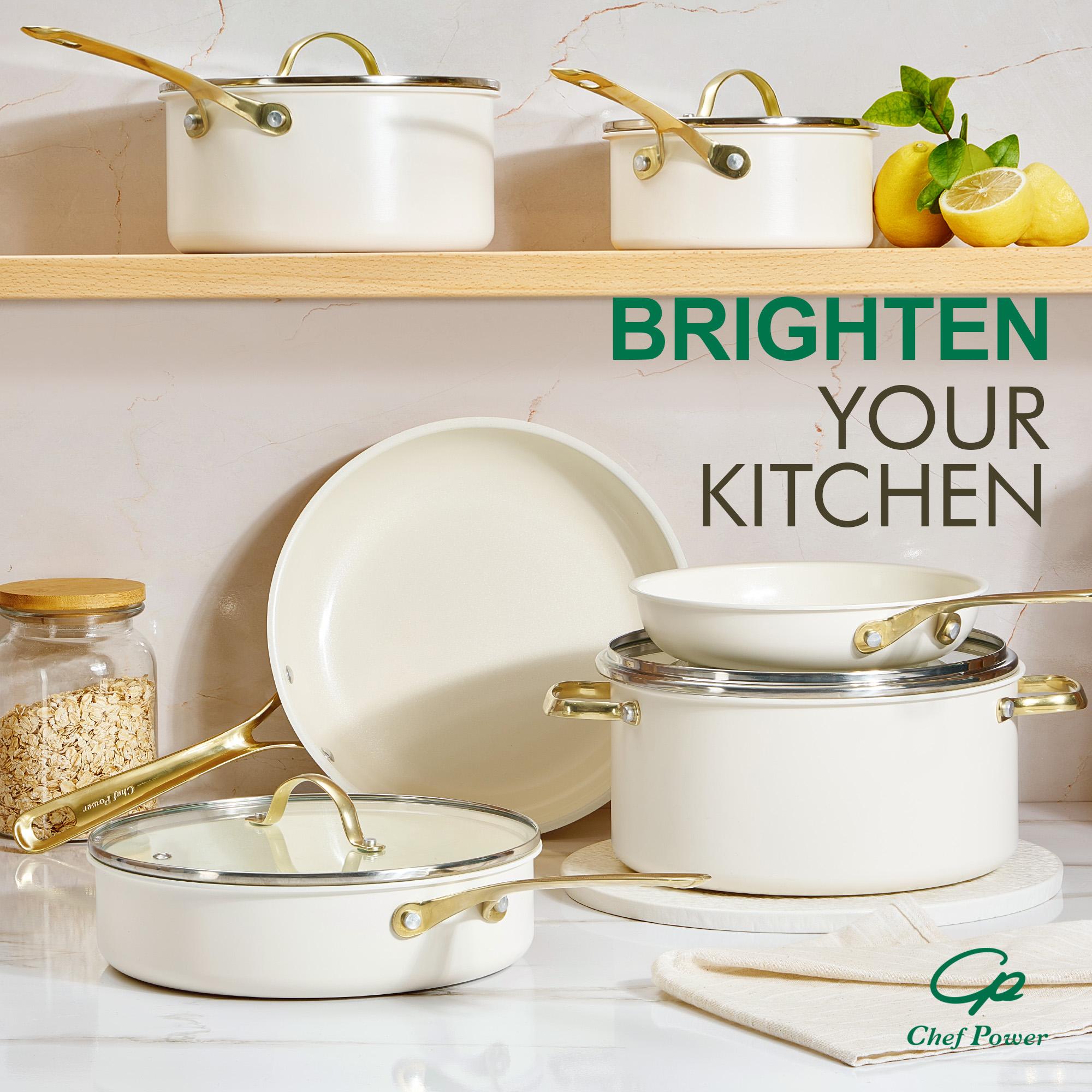Chef Power 10-Piece Ceramic Non-Stick Cookware Set with Stainless Steel Handles Dishwasher & Oven Safe Cream White & Gold Accents Induction Gas Electric Safe