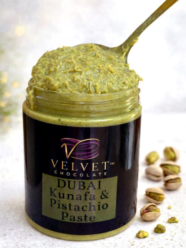 VELVET Kanafa & Pistachio Paste 10oz Jar - Natural 100% Pistachios, Creamy Smooth Flavor, Perfect for Dipping, Drizzling, & More - Dessert Snack Chocolate Middle East Premium Spread On Toast