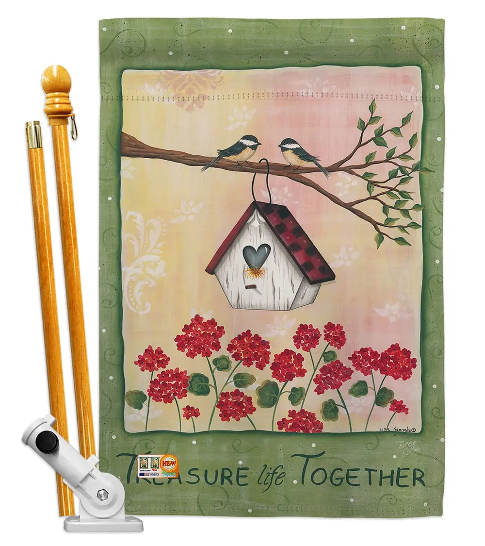 Breeze Decor BD-SH-HS-100045-IP-BO-D-US12-PL 28 x 40 in. Welcome Treasure Life Together Inspirational Sweet Home Impressions Decorative Vertical Double Sided House Flag Set with Pole Bracket Hardware