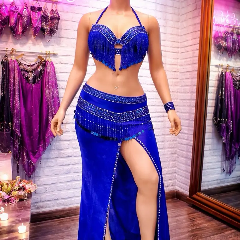Women's Blue Performance Costume Set with Elegant Beading and Fringe Detail for Stage Shows and Recitals, Elegance, Dance Clothing, Women's Clothes, Belly Dance, 2-Piece, Cabaret-Style Belly Dance