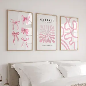 Set of 3 Pink Wall Art Posters, Trendy Bow Matisse Prints, Prints Girls’ Room Décor, Preppy Dorm, Girly, Eclectic, Minimalist Artwork, Gift