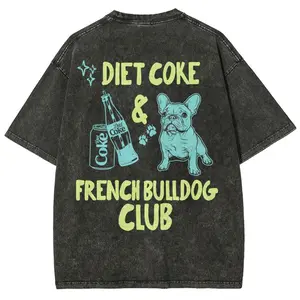 Coke and French Bulldog Club T-shirt, Unisex Casual Cotton Comfort Shirt, Vintage CrewNeck Acid Washed Oversized Drop Shoulder Heavyweight T-shirt, Baggy Workout Tops Short Sleeve Shirt
