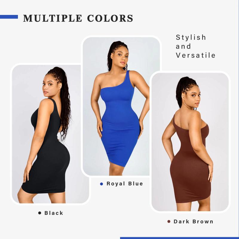 FeelinGirl Eco-friendly High Elastic Bodycon Dress One Shoulder Body Shaping Skirt Sexy Basic Womenswear