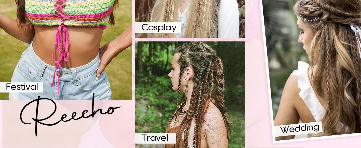 NAYASA 2PCS Clip in Braid Hair Extensions for Women,20" Boho Dreadlock Clip in Braids with Beads & Charms, Handmade Synthetic Braided Hairpieces for Cosplay Daily Styling