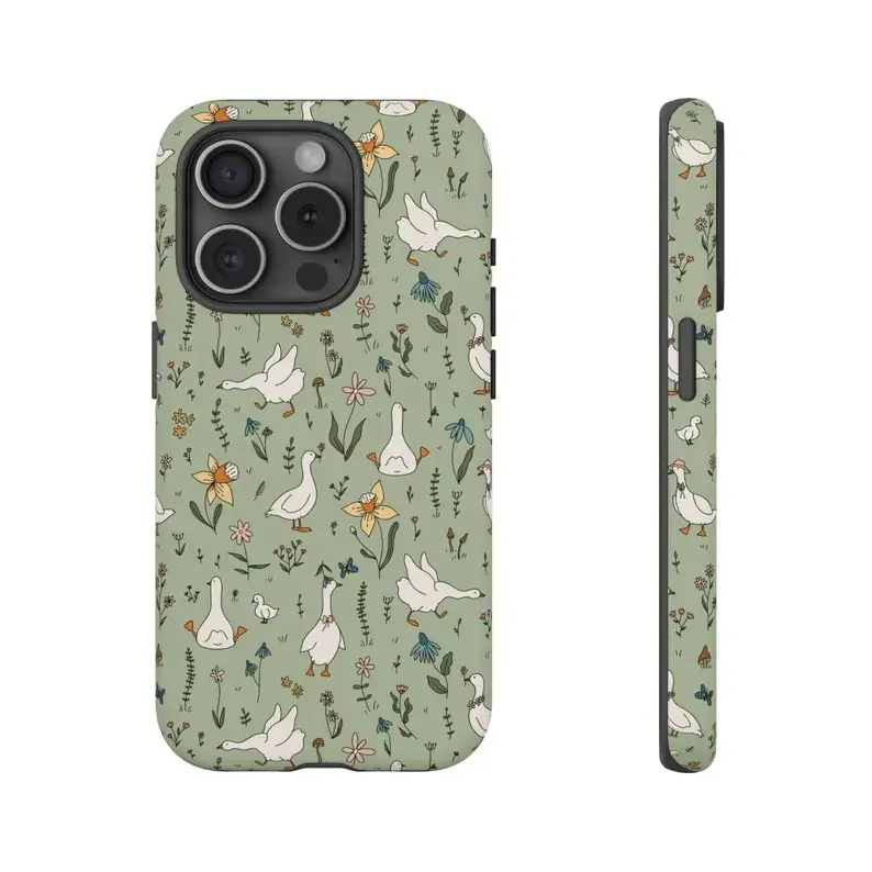 Sage Green Cute Duck Floral Phone Case For iPhone 17 16 15 14 13 12 Pro Max Pro Plus Wildflower Duckling Repeating Pattern Shockproof Protective Phone Cover Soft Cottagecore Farm Aesthetic Accessory Perfect Birthday Gift For Women Girls