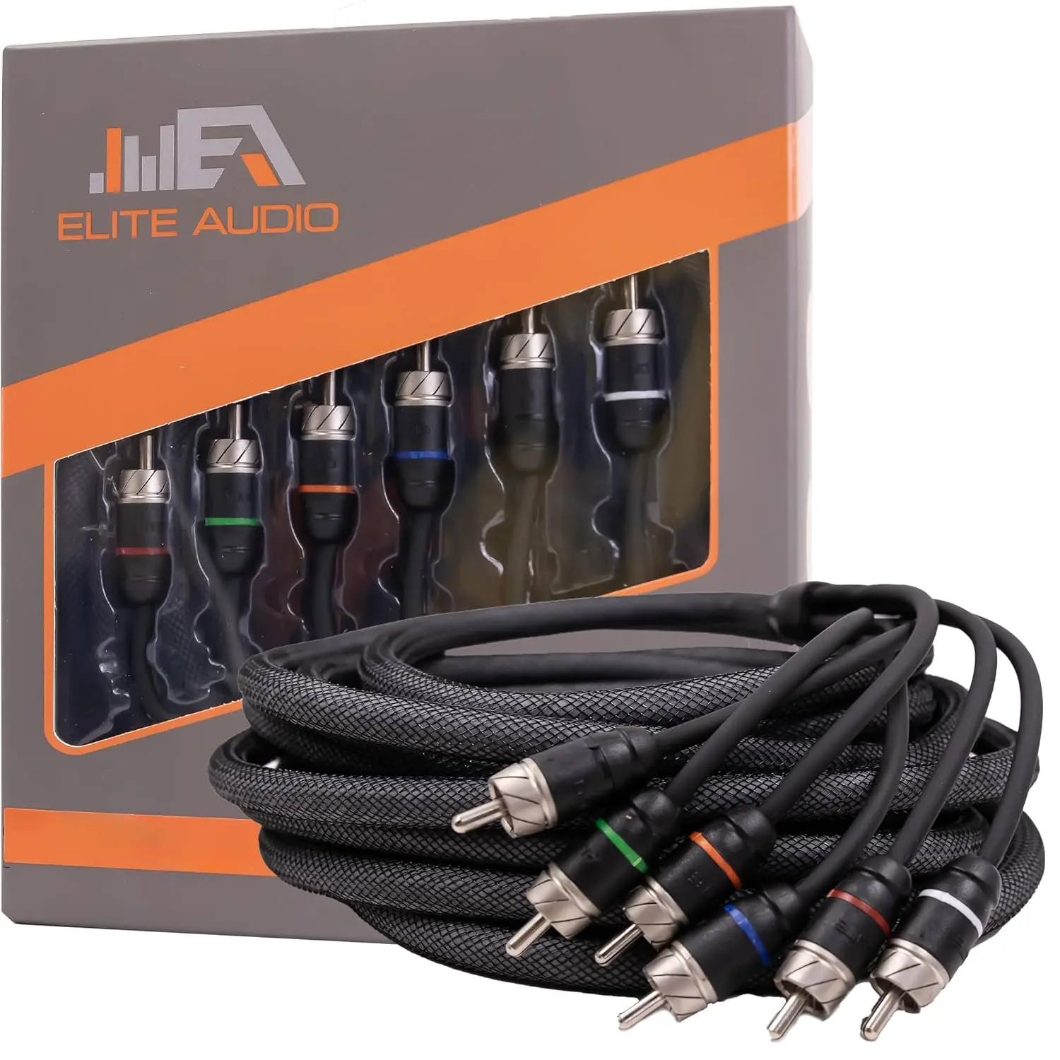 Elite Audio EA-PRM617 6-Channel Male-to-Male RCA Cable - 17ft Advanced OFC Twisted Pair, Triple-Shielded Nylon, Noise Reduction, Durable Secure Locking Connector, High Fidelity, Long-Lasting Construction for Car Audio Systems