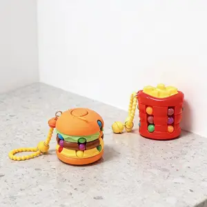 [New Arrival] Cute Snack & Fruit Series Magic Bean Fidget Spinner Bell Keychain Burger Fries Fruit Design High Quality Plastic Smooth Spinning Decompression Portable Bag Charm Daily Collection Holiday Vacation Use Perfect Gift for Girls Boys Kids Fans