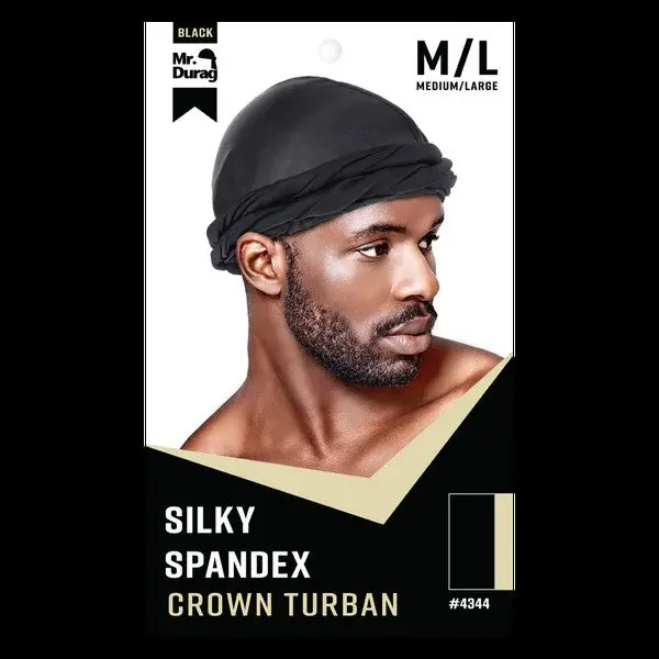 Mr. Durag #4344 Silky Spandex Turban Hat - Crown Fit Protective Hair Cover, M/L Black Fitted Comfortable Stylish Stretchy Daily Wear Bonnet Beanie