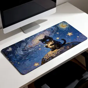 LIVEKEY Aesthetic Mouse Pad with Black Cat & Stars Design, Gaming Desk Mat with Non-Slip Rubber Base, Large XXL Extended Mousepad (80x40cm), Smooth Surface for Gaming PC Laptop, Durable Stitched Edge