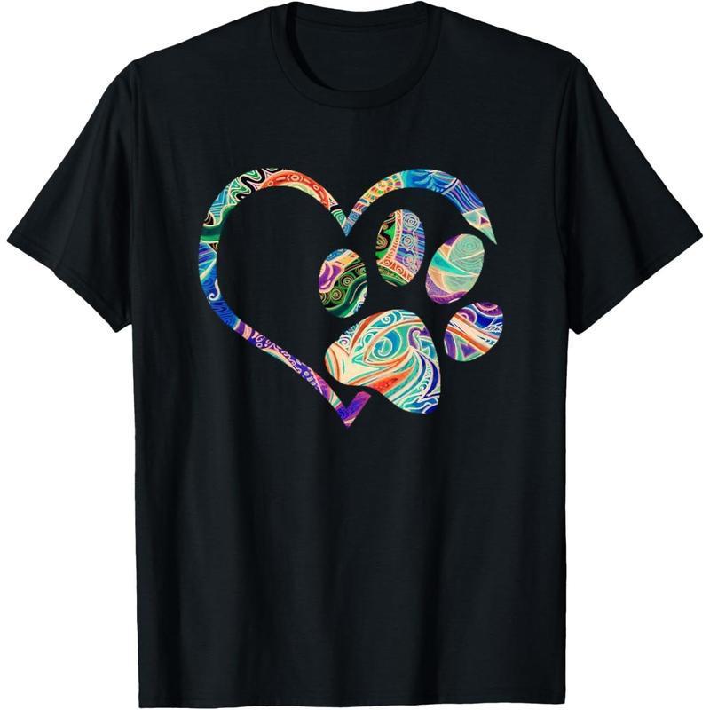 Women's Cotton Short Sleeve Dog Paw Print Tie Dye Rainbow Casual Loose Fit T-Shirt for Daily Wear and Outdoor Activities