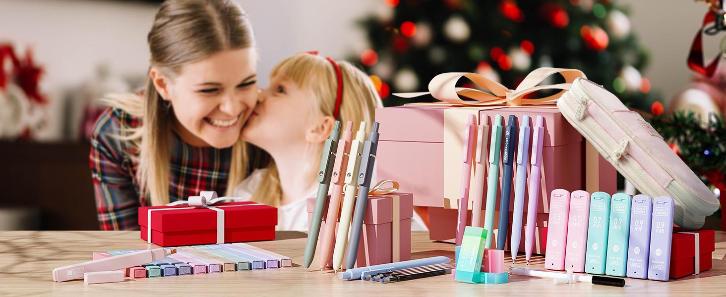 Four Candies 39 PCS Aesthetic School Supplies Set with 12 Pastel Highlighters 5 Black Ink Gel Pens 6 Mechanical Pencils 0.5 & 0.7 mm for Students Stationery College Essentials Green Pink, Perfect for Christmas Gift Learning Materials Visual Learning Tools