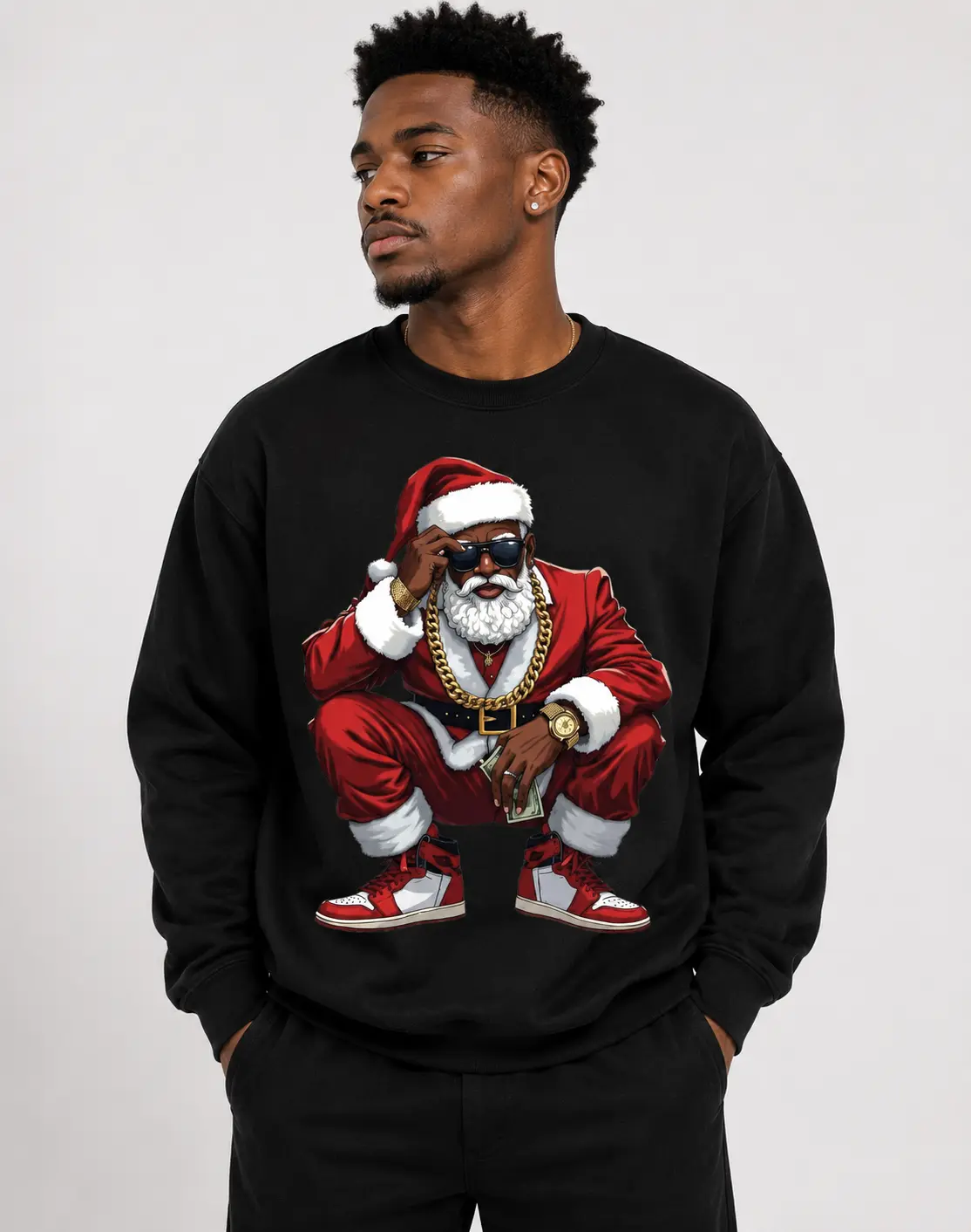 Black Santa Christmas Crewneck Sweatshirt, Hip Hop Santa African American Xmas Sweater, Gifts for Him