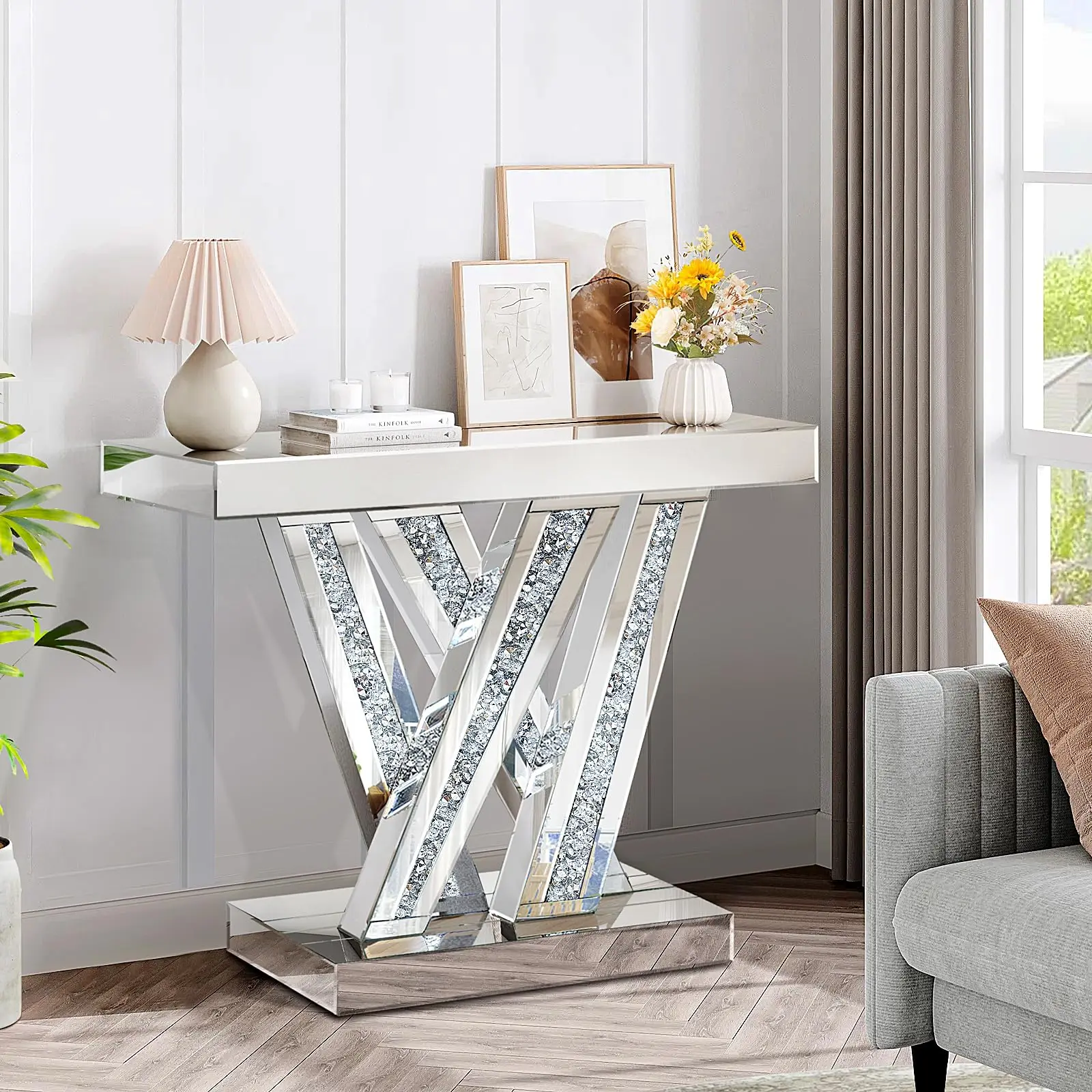35"x12"x30" Silver Mirrored Glass Entryway Console Table with Crushed Diamond Inlay, Glam Indoor Furniture for Hallway, Living Room Sofa Side Use, Entryway Table