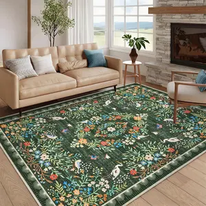 Vintage Floral Print Rug Washable Large-size Oriental Distressed Rug Soft Non-slip Foldable for Apartments Dining Rooms Living Rooms Offices Laundry Rooms and Bedrooms