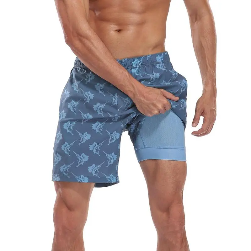Mens Comfortable Breathable Cool Print 7 Inseam Swimming Pants with Compression Lining, Beach Quick Drying Fabric, Front Pocket, Adjustable Drawstring - Swimming Pants