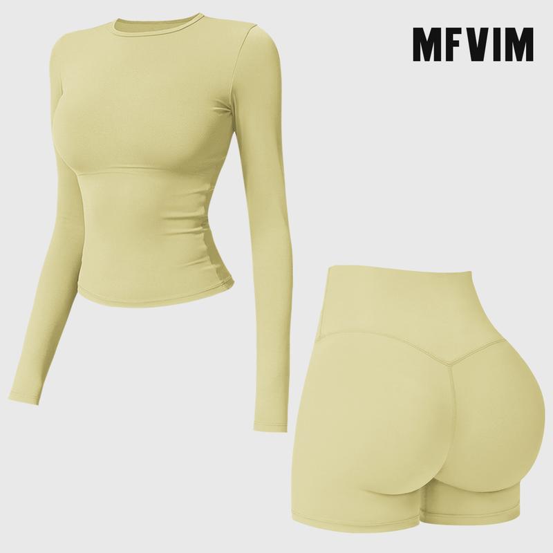MFVIM 2-Piece Impact  Set for  Women's Long/Short Sleeve T-Shirt Tank Top +  Impact Shorts with Butt Lift, Seamless  Biker Shorts, Going Out  Set,  Clothing, Skinny Sports Apparel, Compression Activewear  Wear  Clothin gym fitness workout Yoga Bottoms