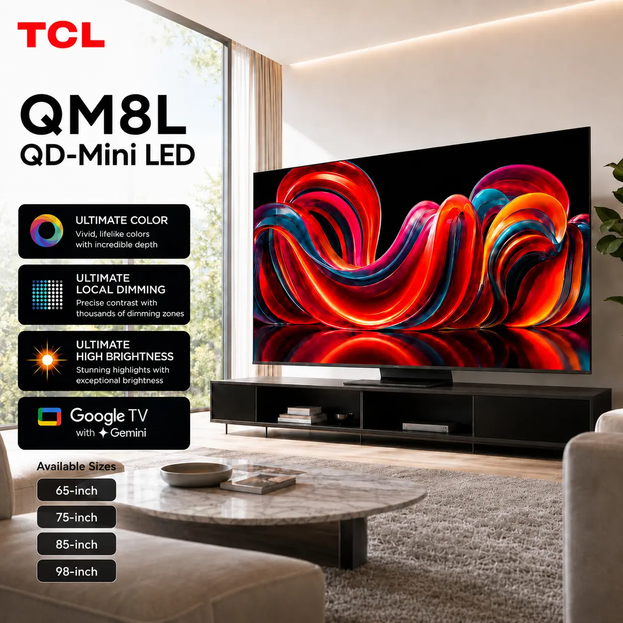 TCL QM8L Series 65‘’-98‘’ | SQD-Mini-LED QLED Smart TV | 2026 Model | 144Hz | Ultimate Color Brightness & Contrast | Google AI Bang & Olufsen | Voice Control Gaming Streaming Television tiktokshopbacktoschool