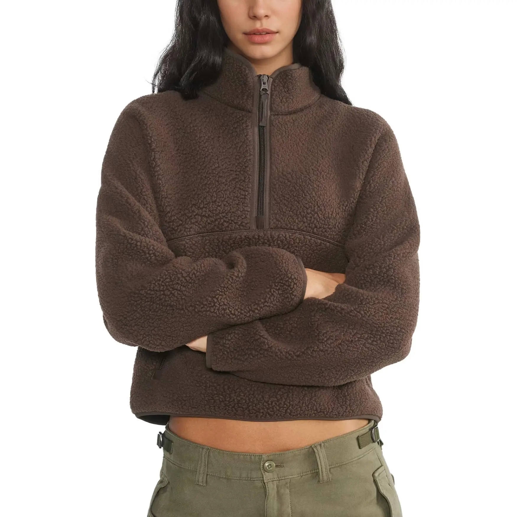 Songling Womens Half-Zip Fleece Short Jacket Warm Fleece Top Outdoor Casual Jacket, Tops, Long Sleeve, Light, Coats, Lady, Breathable, Loose