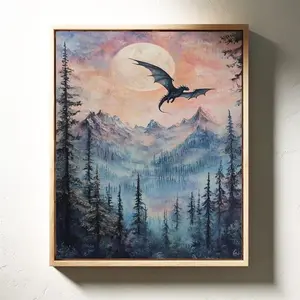 Dragon Soaring Over Mystic Forest Wall Art - Fantasy Moonlit Adventure Decor - Enchanting Mountain Scene Poster