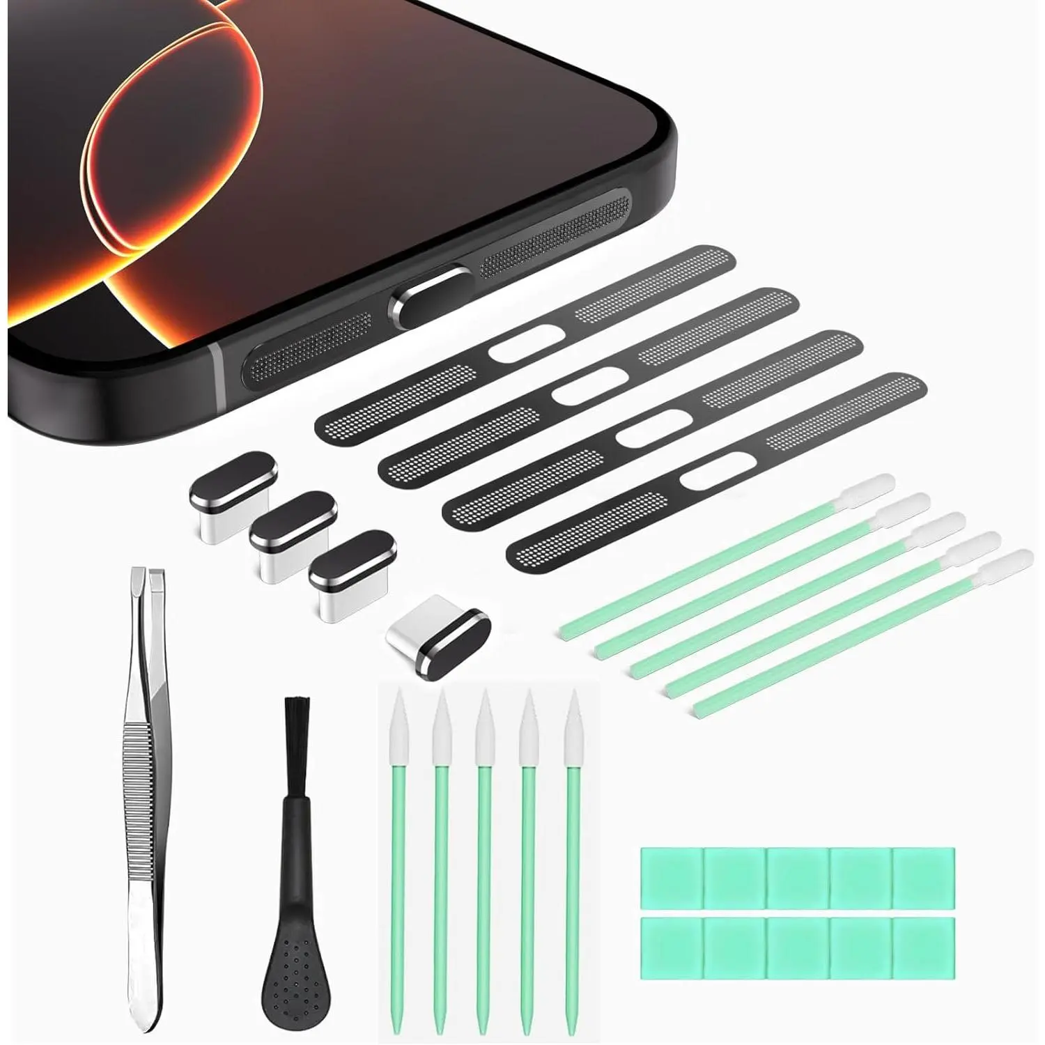 USB C Dust Plug Protector & Mesh Speaker Cap Cleaning Kit with Synthetic Brush, Phone Cleaning Accessory for iPhone 17 Pro Max Only (Not iPhone 17/Pro), Cleaning Kits