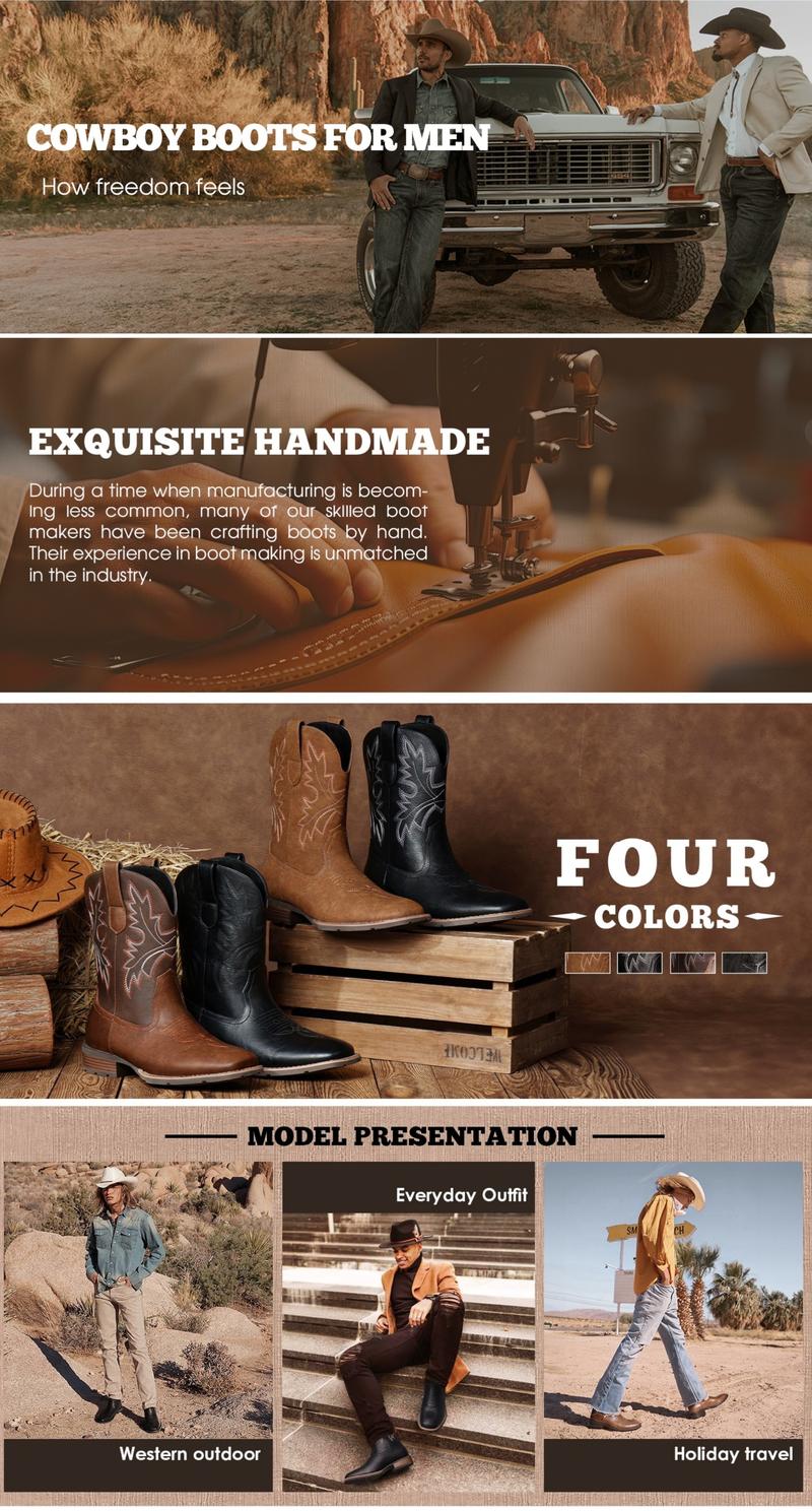 【7Colors】Eleet Cowboy Boots for Men -Square Toe Botas with Classic Embroidered, Slip Resistant Exotic Western Boots, Heel Ankle, Comfort Vintage, Fashion Closed Walking Shoes