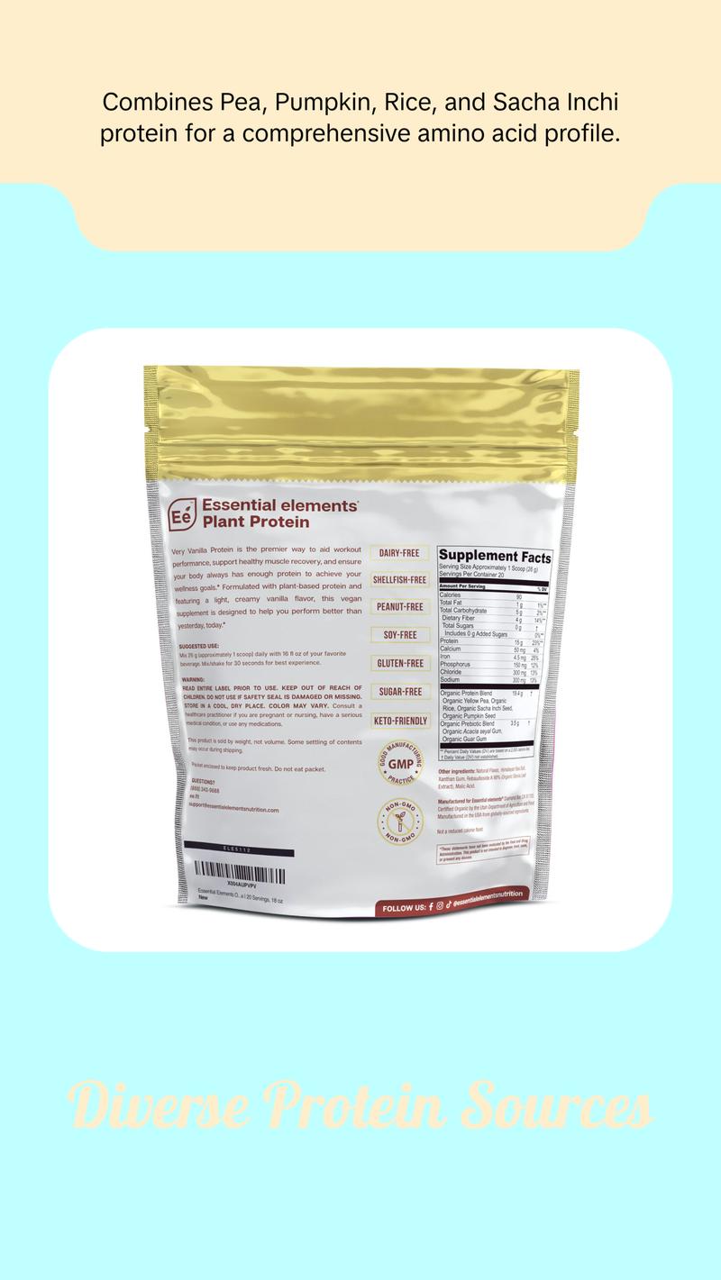Essential Elements Very Vanilla Vegan Protein Powder - Pea, Pumpkin, Rice & Sacha Inchi Protein - Supports Healthy Muscle Recovery - 15g Protein per Serving and Acacia Prebiotic Essential Elements Very Vanilla Vegan Protein Powder - Pea, Pumpkin, Rice & Sacha Inchi Protein - Supports Healthy Muscle Recovery - 15g Protein per Serving and Acacia Prebiotic