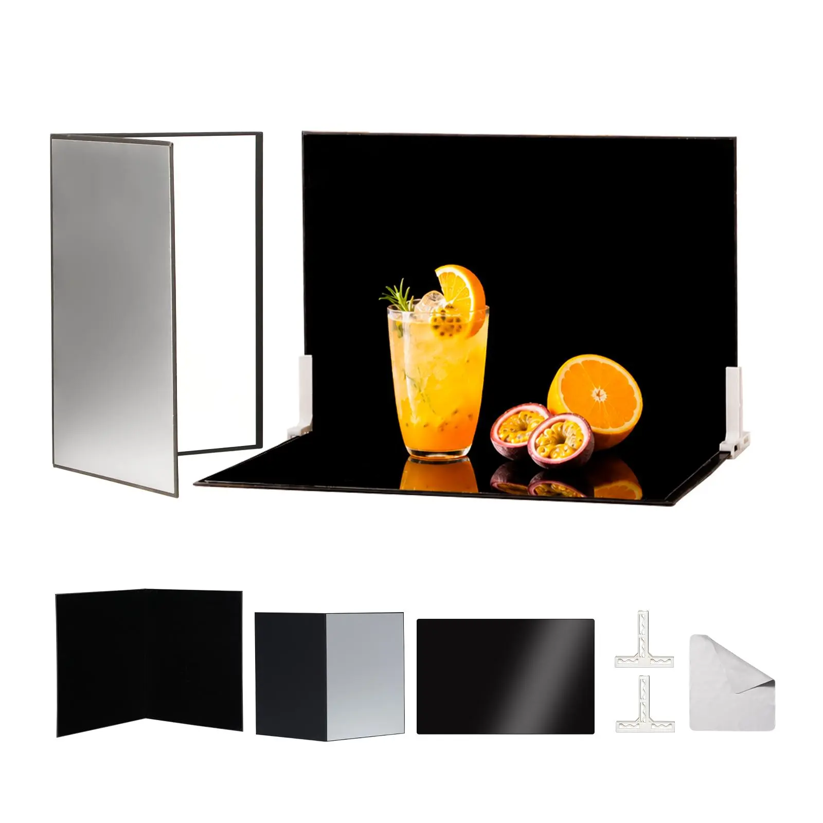 3PCS 16x11.5 Inch Product Photography Backdrop Kit, Reflective Black Acrylic Sheet, Light-Absorbing Flocked Board & Photography Reflector Cardboard, Tabletop Photo Background with T-Stand for Food, Jewelry and Cosmetics, Metlakat